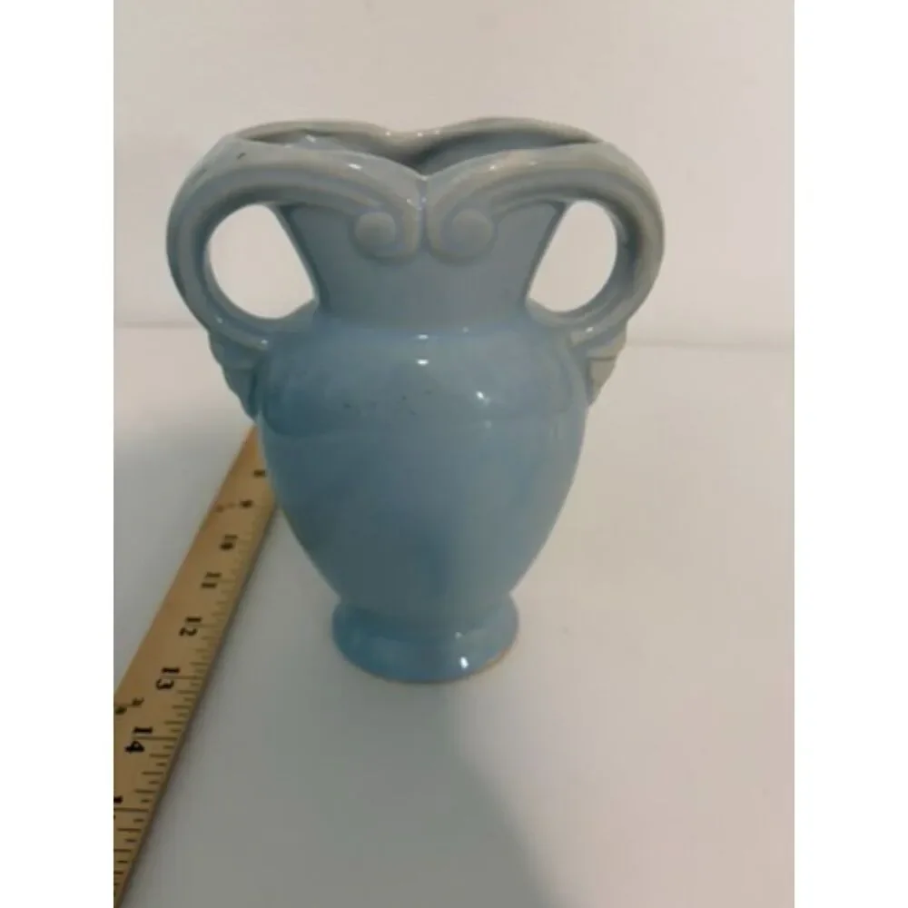 vtg. mid century blue handled pillow vase, art deco style